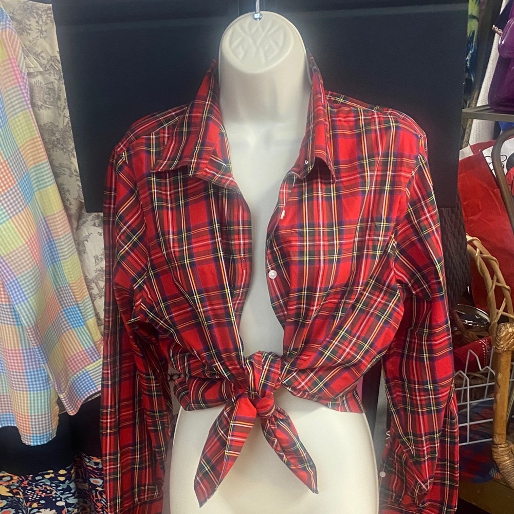 Lands' End - retro style- red Plaid Shirt - 100% cotton